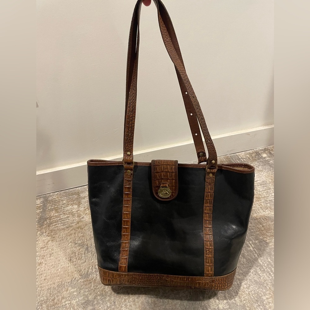 Vintage Brahmin Black Brown Croc Leather Tote Satchel Handbag Shoulder Bag